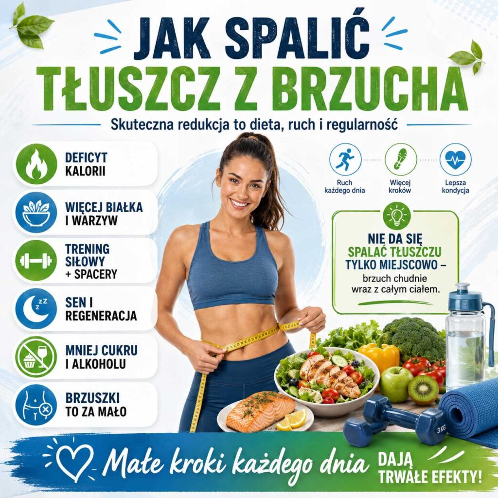 Jak spalić tłuszcz z brzucha – infografika z aktywną kobietą mierzącą talię, zdrowym jedzeniem, wodą, hantlami oraz zasadami redukcji opartymi na diecie, ruchu, śnie i regularności.