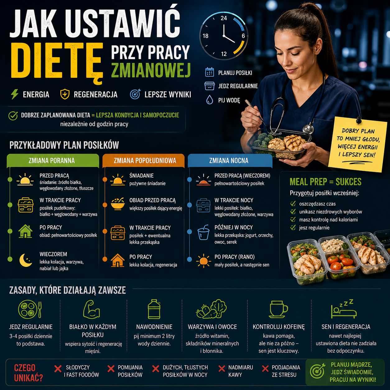 Jak ustawić dietę przy pracy zmianowej – infografika z planem posiłków dla zmian porannych, popołudniowych i nocnych, meal prepem, zdrowymi nawykami oraz zasadami wspierającymi energię, regenerację i kontrolę masy ciała.