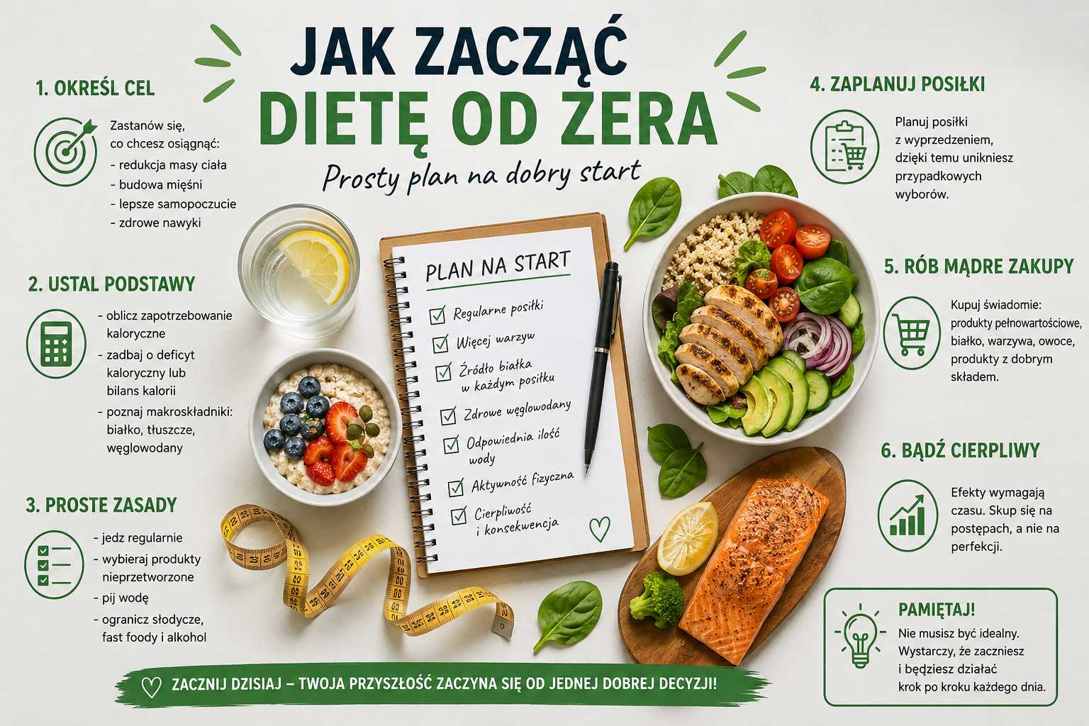 Jak zacząć dietę od zera – infografika z prostym planem startu, zdrowymi posiłkami, wodą, notatnikiem, miarką oraz zasadami budowania zdrowych nawyków żywieniowych.