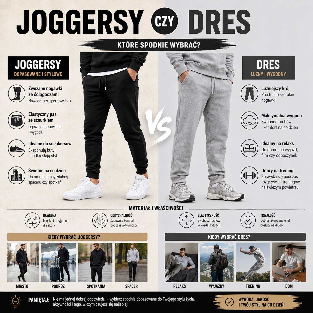 Joggersy czy dres – porównanie dopasowanych joggerów i luźniejszych spodni dresowych pod kątem wygody, stylu, treningu, podróży i codziennego noszenia.