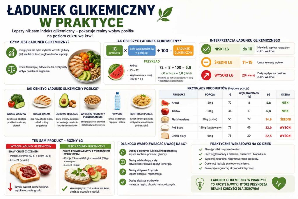 Infografika wyjaśniająca ładunek glikemiczny w praktyce, pokazująca sposób obliczania ŁG, podział na niski, średni i wysoki oraz przykłady produktów i posiłków wpływających na poziom cukru we krwi.