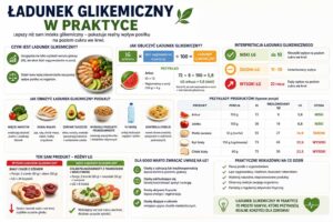 Infografika wyjaśniająca ładunek glikemiczny w praktyce, pokazująca sposób obliczania ŁG, podział na niski, średni i wysoki oraz przykłady produktów i posiłków wpływających na poziom cukru we krwi.
