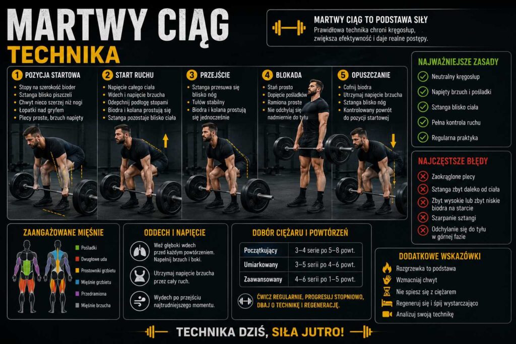 Martwy ciąg – technika prawidłowego wykonania ćwiczenia ze sztangą, z pokazaniem pozycji startowej, prowadzenia sztangi, napięcia brzucha, zaangażowanych mięśni i najczęstszych błędów.