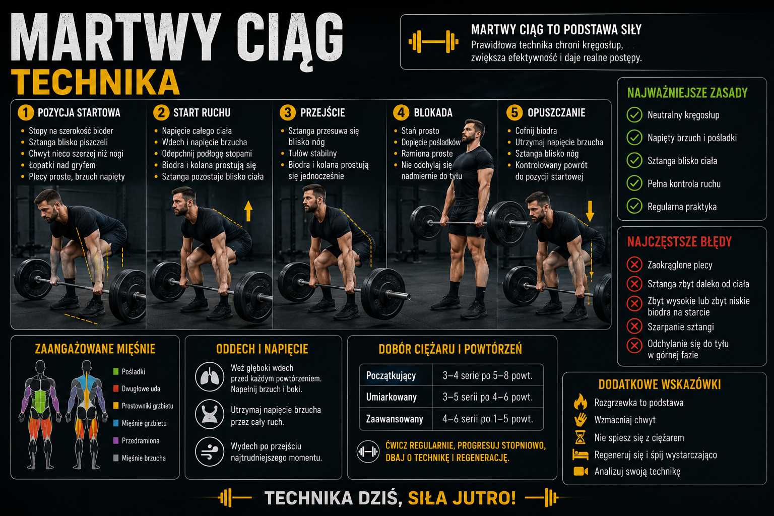 Martwy ciąg – technika prawidłowego wykonania ćwiczenia ze sztangą, z pokazaniem pozycji startowej, prowadzenia sztangi, napięcia brzucha, zaangażowanych mięśni i najczęstszych błędów.