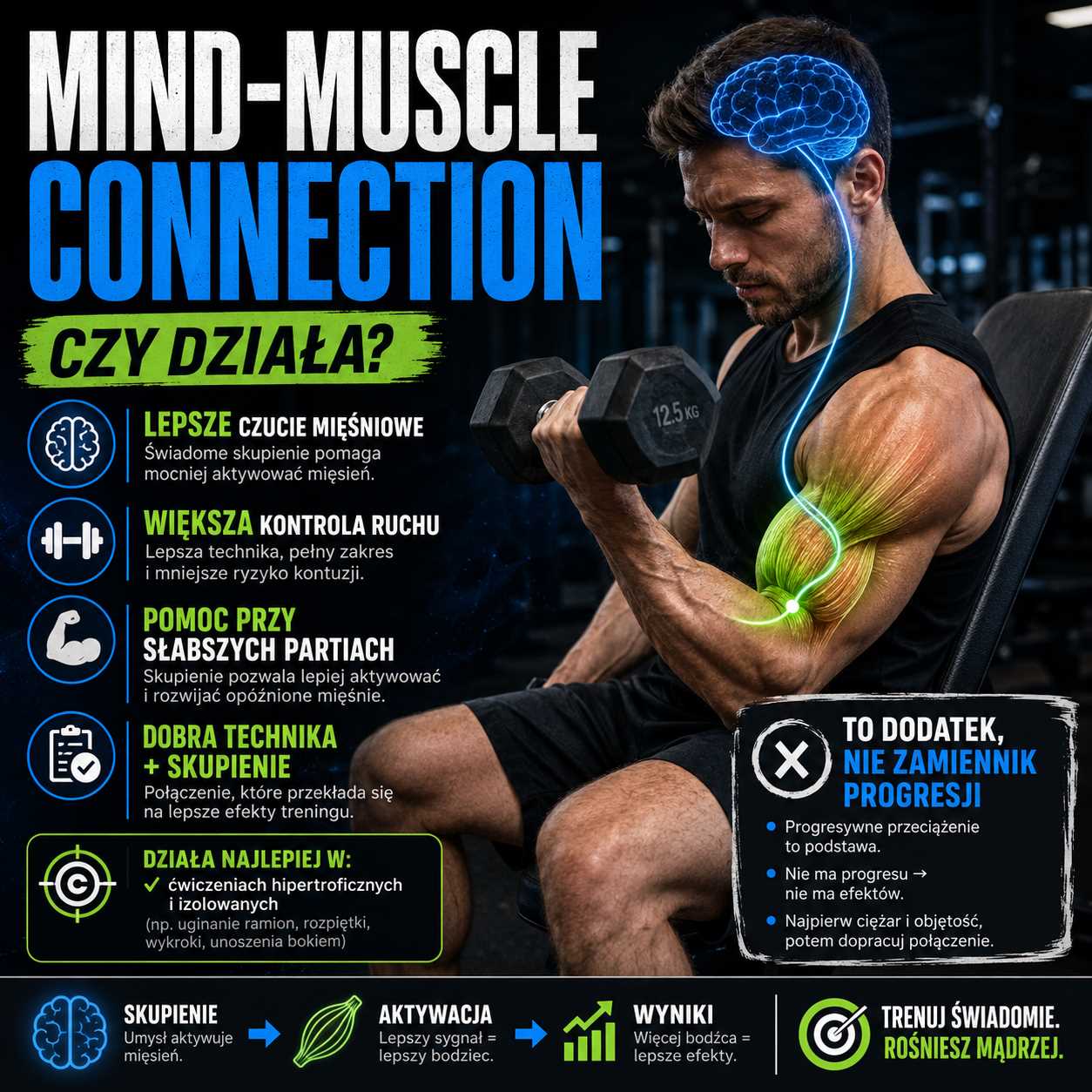 mind-muscle connection czy działa, sportowiec ćwiczący biceps z hantlem na siłowni, grafika pokazująca połączenie umysł–mięsień, lepsze czucie mięśniowe, technikę, skupienie i progresję