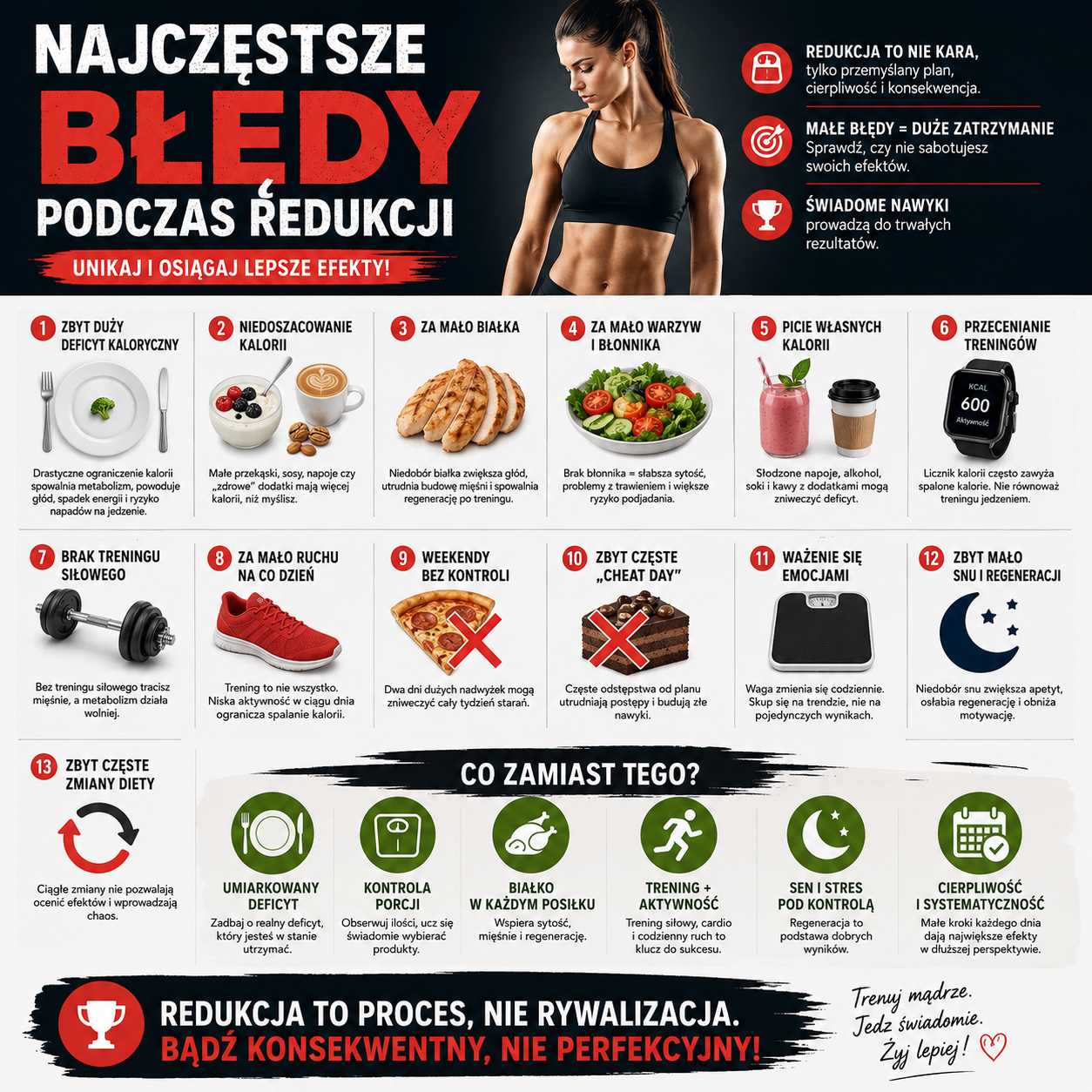 Infografika przedstawiająca najczęstsze błędy podczas redukcji, takie jak zbyt duży deficyt kaloryczny, za mało białka i warzyw, brak treningu siłowego, mała aktywność, niedobór snu i brak systematyczności.