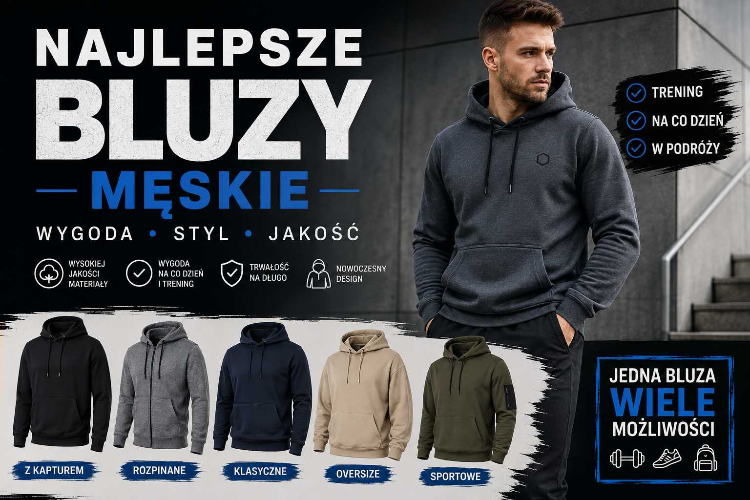 Najlepsze bluzy męskie – modele z kapturem, rozpinane, klasyczne, oversize i sportowe do treningu, na co dzień oraz w podróży.