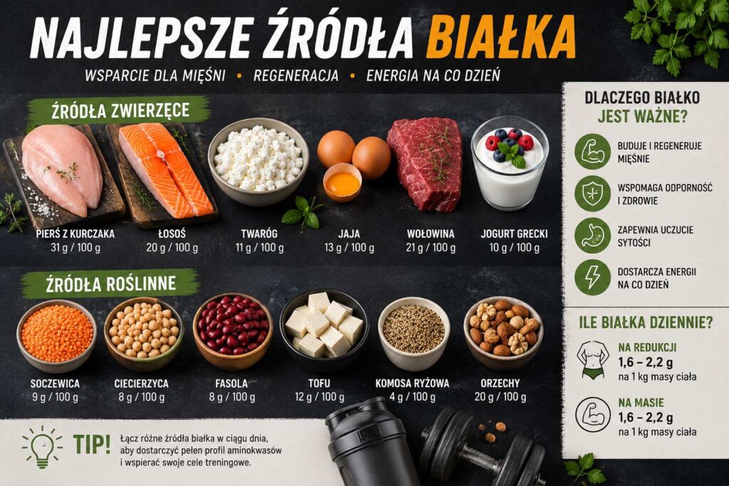 najlepsze źródła białka, grafika przedstawiająca produkty bogate w białko zwierzęce i roślinne, kurczak, łosoś, twaróg, jaja, wołowina, jogurt grecki, soczewica, ciecierzyca, fasola, tofu, komosa ryżowa i orzechy dla diety, treningu i regeneracji