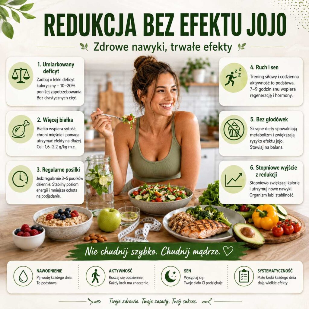 Redukcja bez efektu jojo – infografika z kobietą jedzącą zdrowy posiłek, zasadami rozsądnego deficytu, regularnych posiłków, białka, aktywności, snu i stopniowego utrzymania efektów.