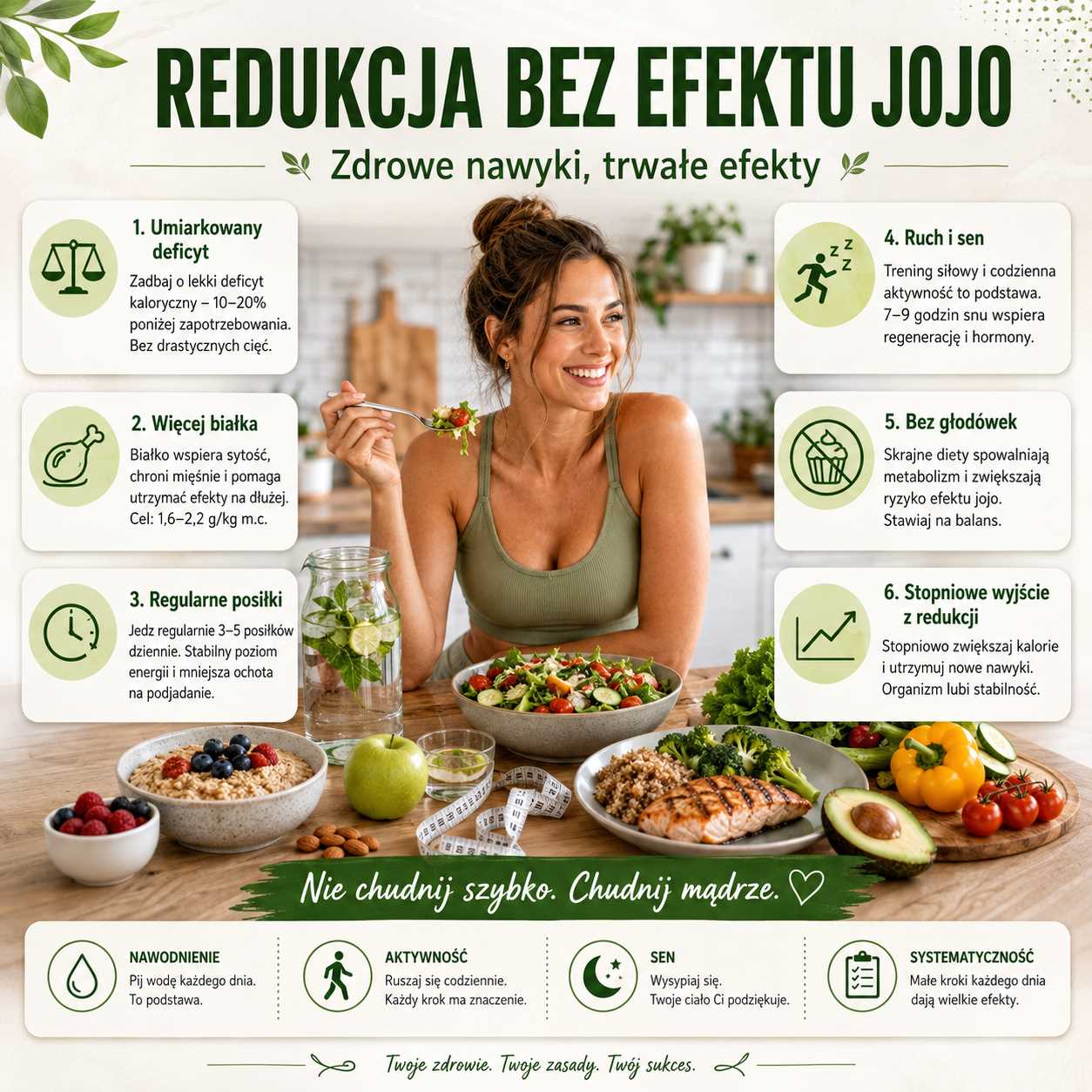 Redukcja bez efektu jojo – infografika z kobietą jedzącą zdrowy posiłek, zasadami rozsądnego deficytu, regularnych posiłków, białka, aktywności, snu i stopniowego utrzymania efektów.