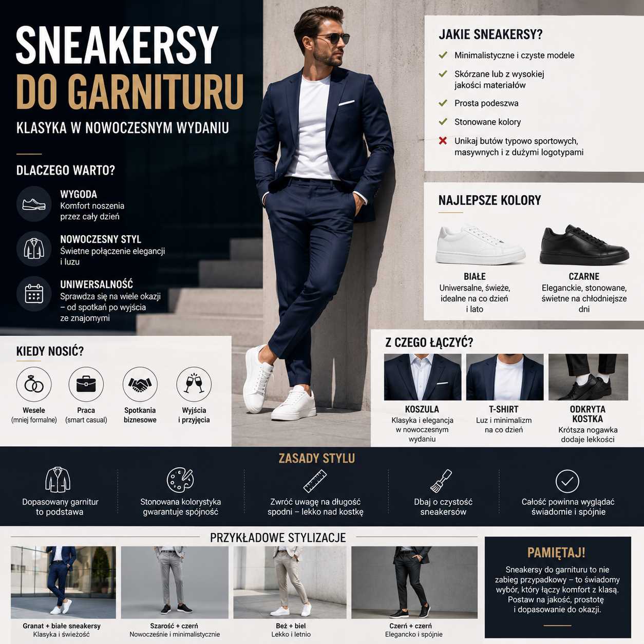 Sneakersy do garnituru – mężczyzna w granatowym garniturze, białym T-shircie i minimalistycznych białych sneakersach w nowoczesnej stylizacji smart casual.