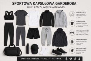 Sportowa kapsułowa garderoba – minimalistyczny zestaw odzieży treningowej z koszulkami, legginsami, bluzą, kurtką, butami i akcesoriami sportowymi.