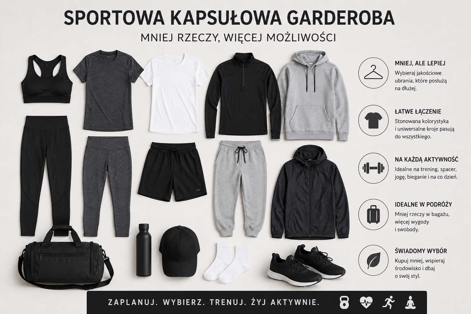Sportowa kapsułowa garderoba – minimalistyczny zestaw odzieży treningowej z koszulkami, legginsami, bluzą, kurtką, butami i akcesoriami sportowymi.