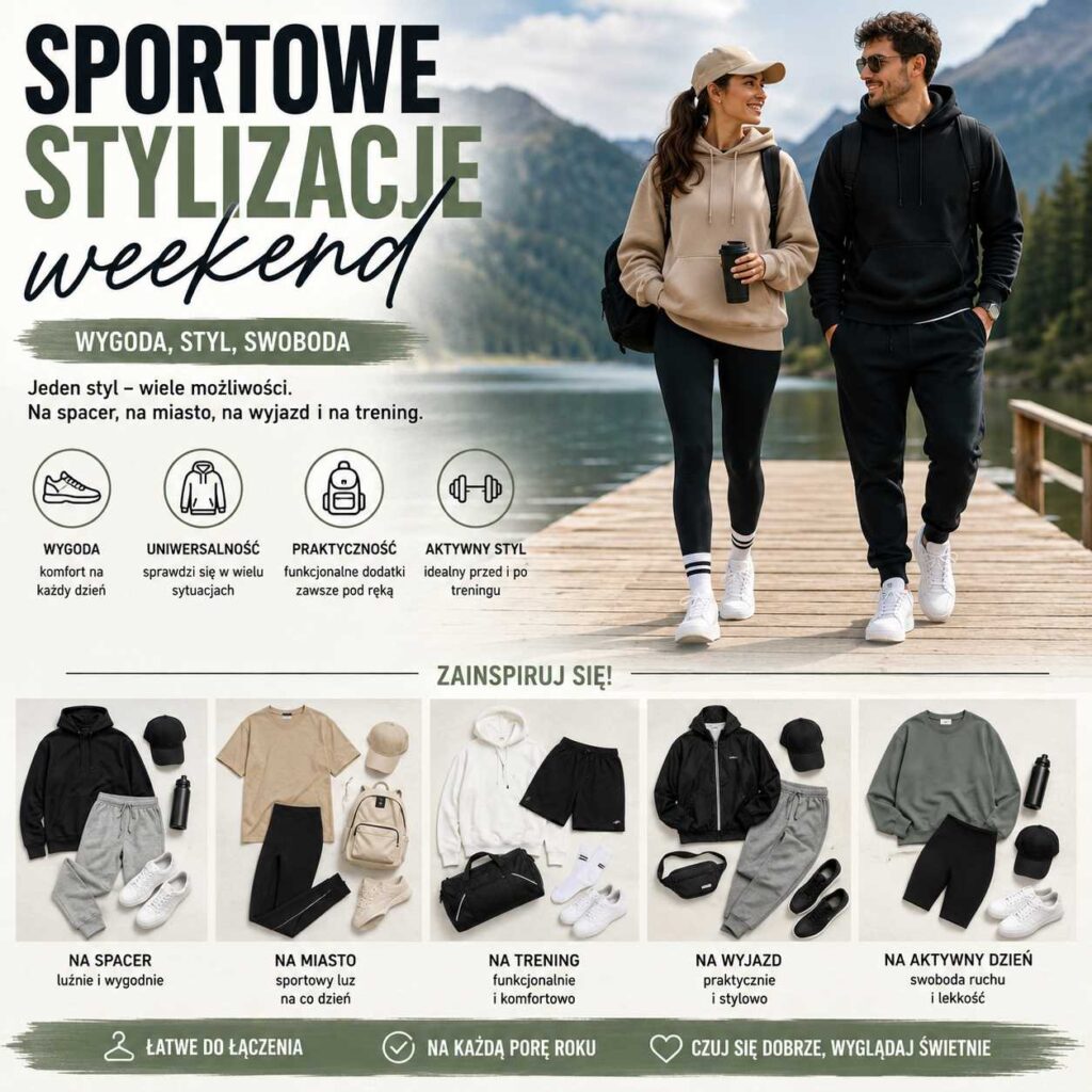 Sportowe stylizacje weekend – kobieta i mężczyzna w wygodnych ubraniach sportowych na spacer, wyjazd, trening i aktywny dzień.