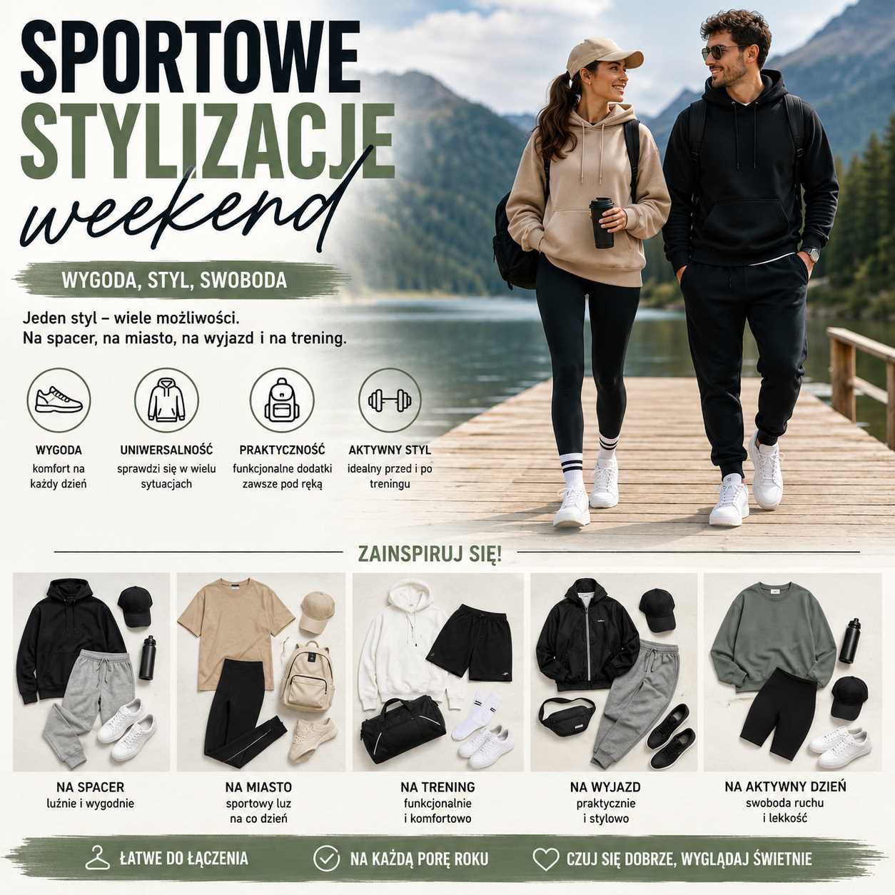 Sportowe stylizacje weekend – kobieta i mężczyzna w wygodnych ubraniach sportowych na spacer, wyjazd, trening i aktywny dzień.