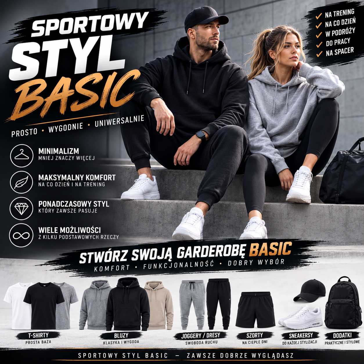 Sportowy styl basic – kobieta i mężczyzna w minimalistycznej odzieży sportowej z bluzami, joggerami, legginsami i sneakersami na co dzień.