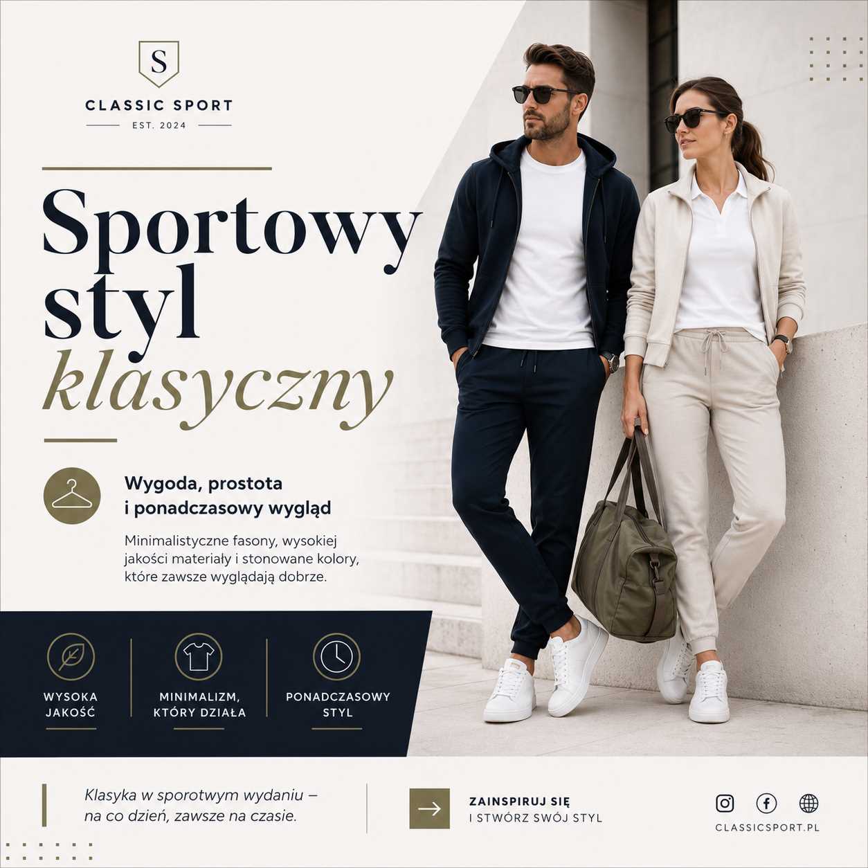 Sportowy styl klasyczny – kobieta i mężczyzna w minimalistycznej odzieży sportowej, łączącej wygodę, elegancję i ponadczasowy wygląd na co dzień.