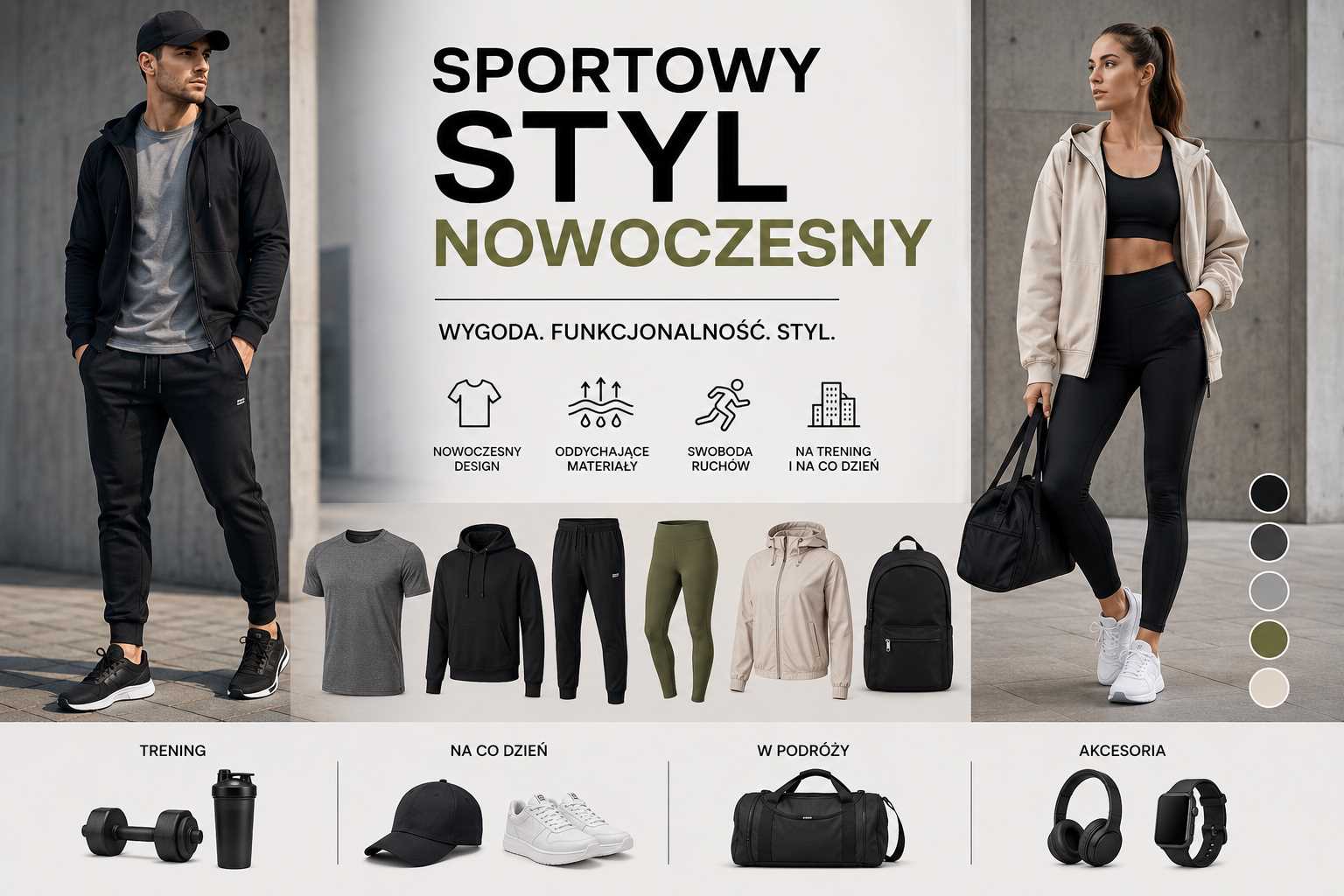 Sportowy styl nowoczesny – kobieta i mężczyzna w modnej odzieży sportowej, łączącej wygodę, funkcjonalność i miejski look na trening oraz na co dzień.