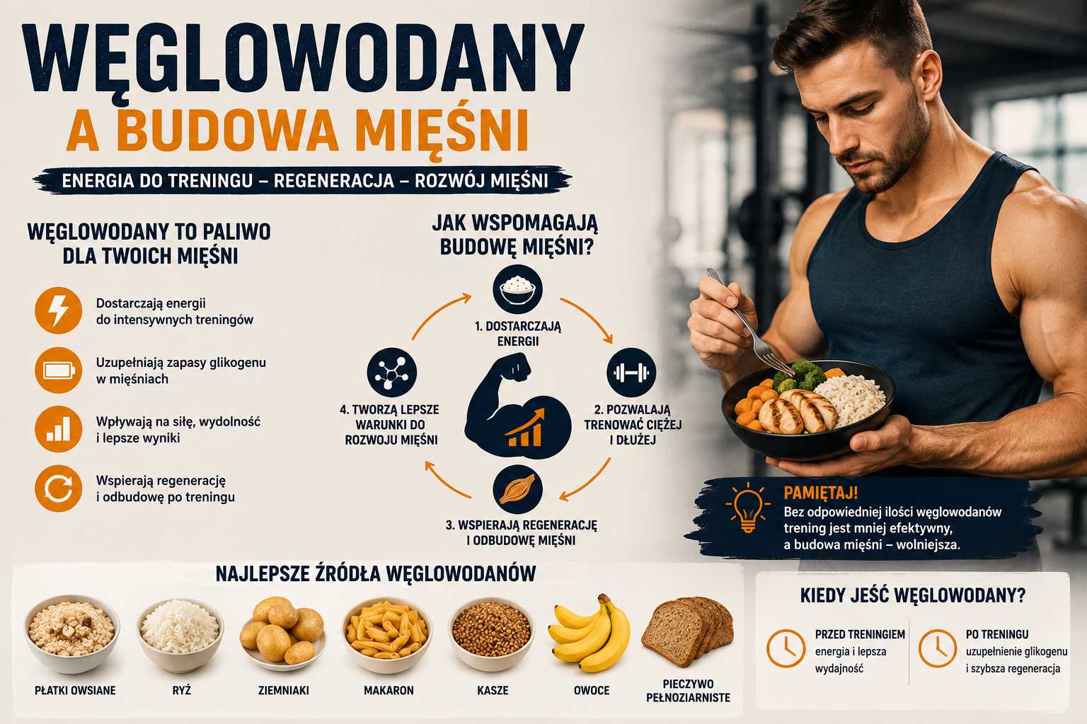 węglowodany a budowa mięśni, sportowiec jedzący posiłek z ryżem, kurczakiem i warzywami, grafika pokazująca wpływ węglowodanów na energię, glikogen, regenerację, trening i rozwój mięśni