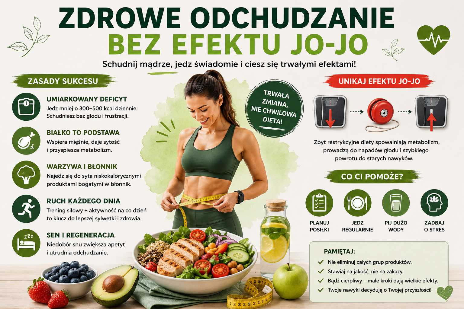Infografika przedstawiająca zdrowe odchudzanie bez efektu jo-jo, pokazująca zbilansowaną dietę, umiarkowany deficyt kaloryczny, aktywność fizyczną, sen, nawodnienie i trwałe nawyki.