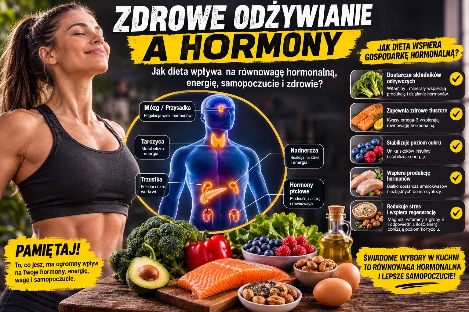 Infografika przedstawiająca zdrowe odżywianie a hormony, pokazująca wpływ diety na tarczycę, insulinę, kortyzol, hormony płciowe, energię i samopoczucie.