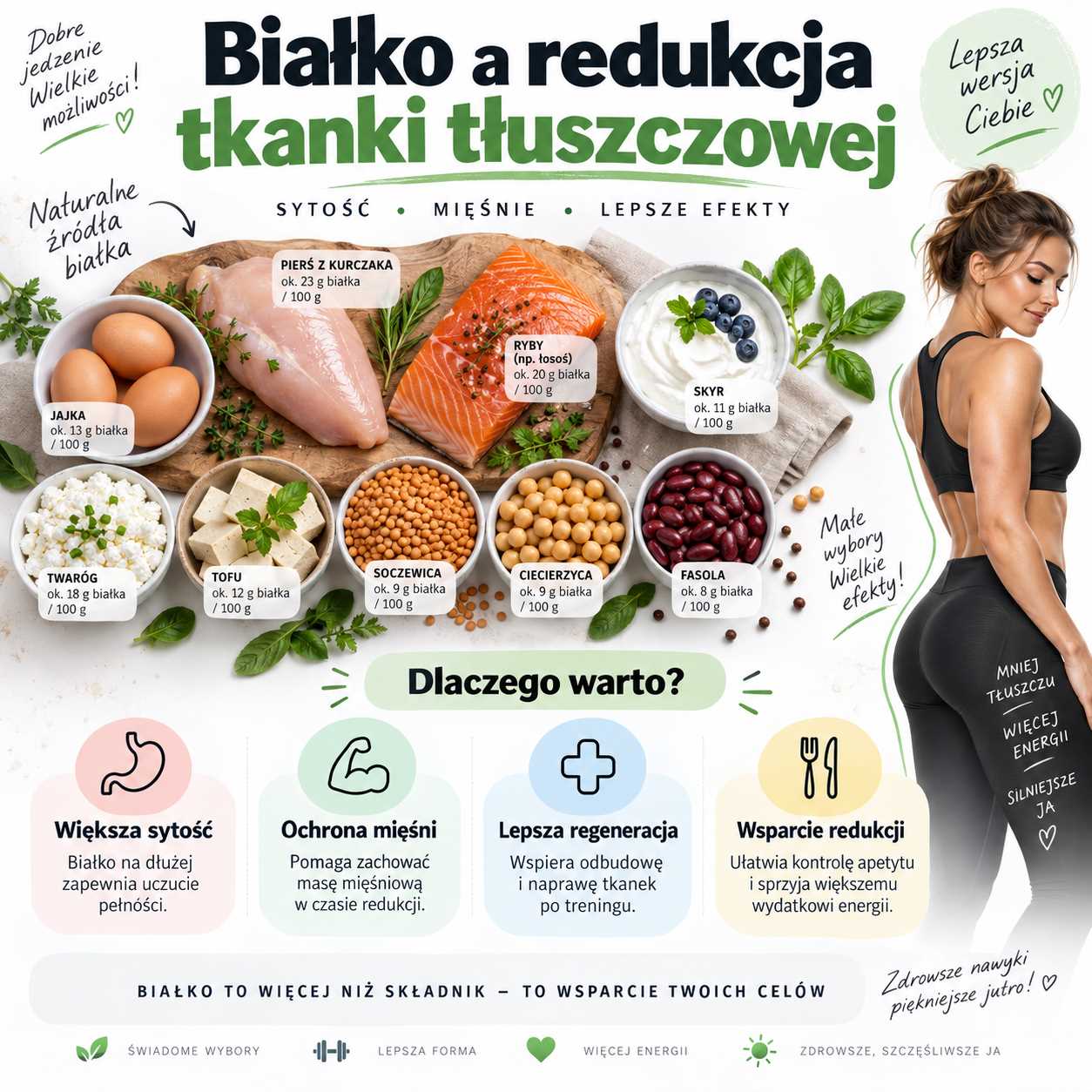 Infografika przedstawiająca białko a redukcję tkanki tłuszczowej, pokazująca źródła białka oraz jego wpływ na sytość, ochronę mięśni, regenerację i wsparcie odchudzania.