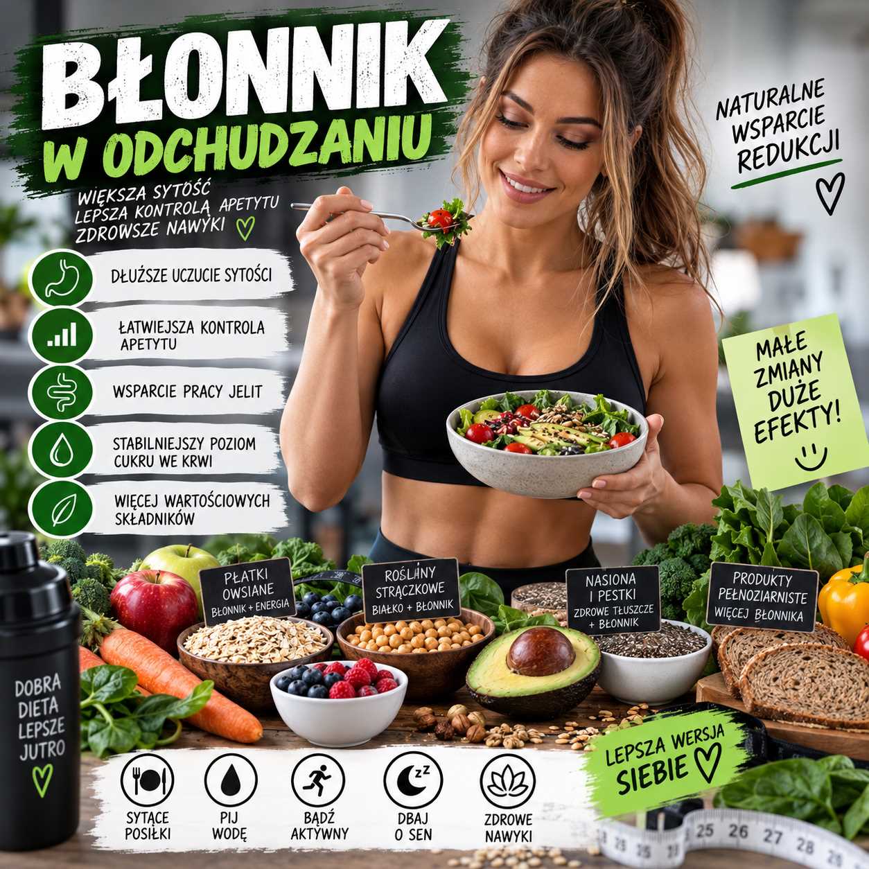 Infografika przedstawiająca błonnik w odchudzaniu, pokazująca produkty bogate w błonnik oraz jego wpływ na sytość, kontrolę apetytu, pracę jelit i zdrową redukcję masy ciała.