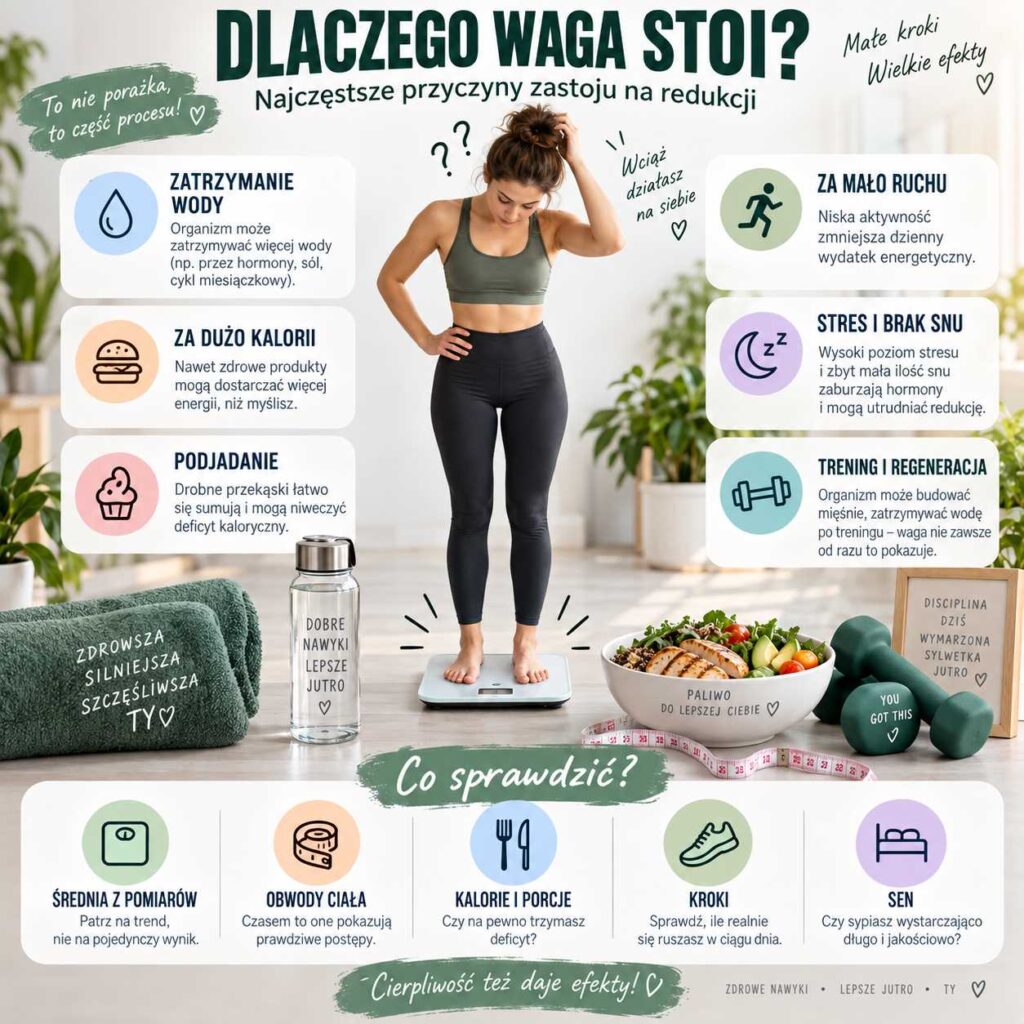 Dlaczego waga stoi – kobieta na wadze, infografika z przyczynami zastoju na redukcji, takimi jak zatrzymanie wody, podjadanie, stres, brak snu, za mało ruchu i ukryte kalorie.