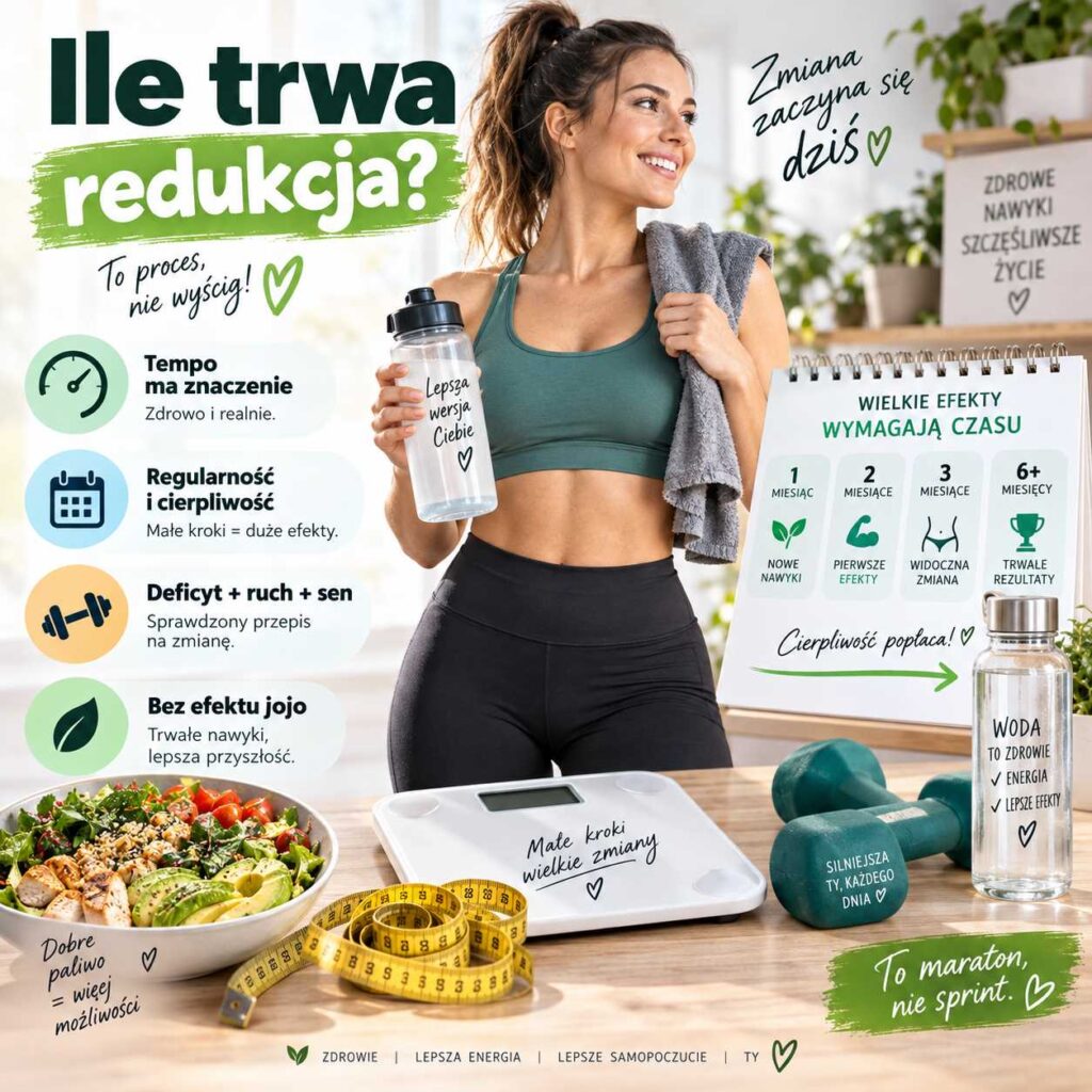 Ile trwa redukcja – infografika z aktywną kobietą, wagą, miarką, zdrowym posiłkiem, wodą i planem etapów odchudzania pokazującym, że trwałe efekty wymagają czasu, regularności i zdrowych nawyków.