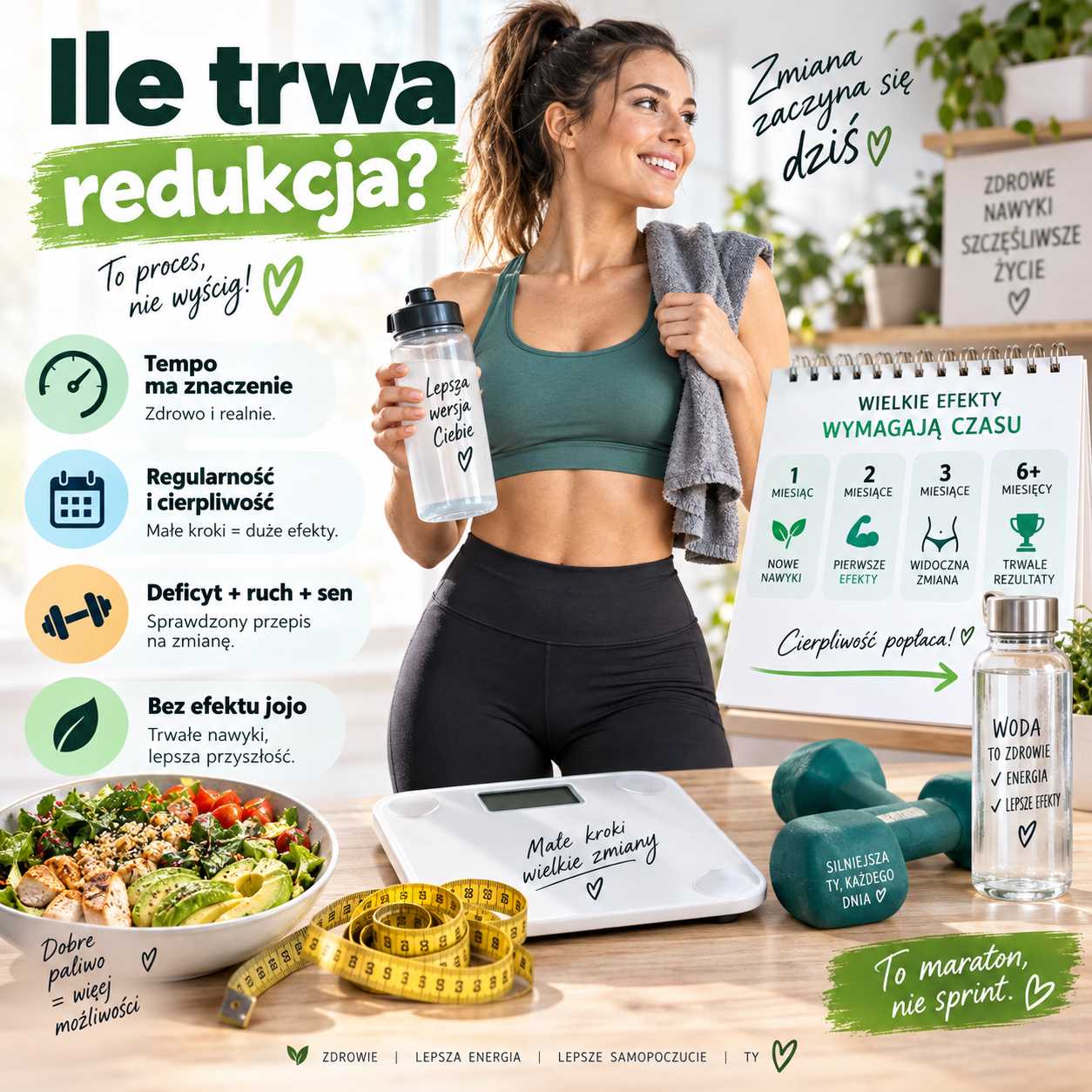 Ile trwa redukcja – infografika z aktywną kobietą, wagą, miarką, zdrowym posiłkiem, wodą i planem etapów odchudzania pokazującym, że trwałe efekty wymagają czasu, regularności i zdrowych nawyków.