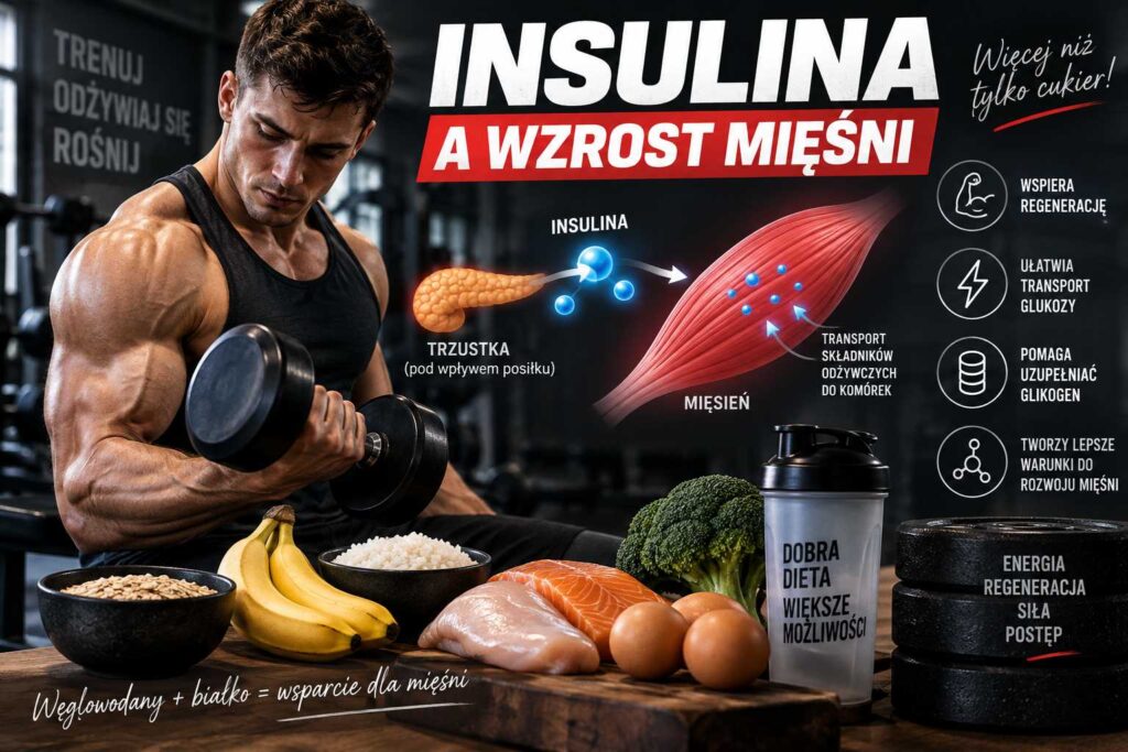 insulina a wzrost mięśni, sportowiec ćwiczący z hantlem na siłowni, grafika pokazująca wpływ insuliny na transport glukozy i składników odżywczych do mięśni, regenerację, glikogen, dietę, węglowodany i białko