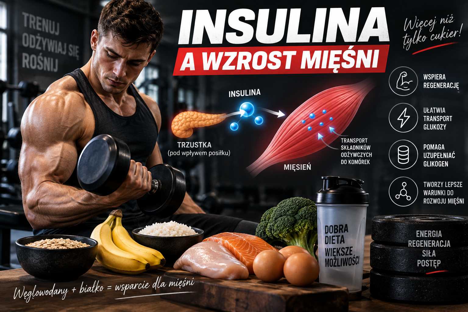 insulina a wzrost mięśni, sportowiec ćwiczący z hantlem na siłowni, grafika pokazująca wpływ insuliny na transport glukozy i składników odżywczych do mięśni, regenerację, glikogen, dietę, węglowodany i białko