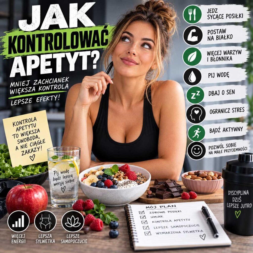 Infografika przedstawiająca, jak kontrolować apetyt poprzez sycące posiłki, białko, warzywa, błonnik, odpowiednie nawodnienie, sen, aktywność fizyczną i ograniczenie stresu.