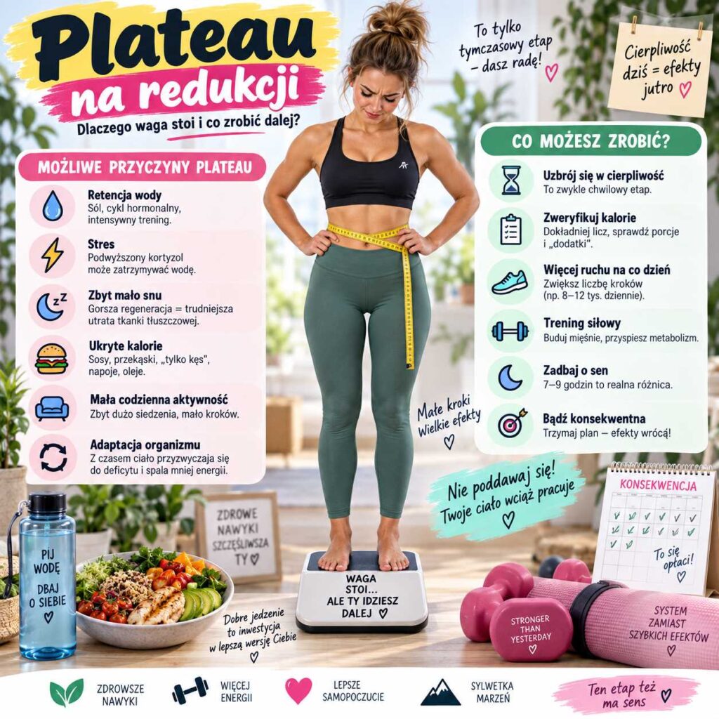 Plateau na redukcji – kobieta stojąca na wadze i mierząca talię, infografika pokazująca przyczyny zastoju wagi, takie jak retencja wody, stres, brak snu, ukryte kalorie i zbyt mała aktywność.