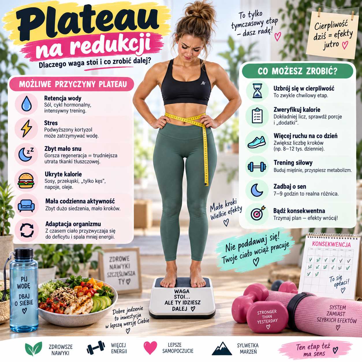 Plateau na redukcji – kobieta stojąca na wadze i mierząca talię, infografika pokazująca przyczyny zastoju wagi, takie jak retencja wody, stres, brak snu, ukryte kalorie i zbyt mała aktywność.