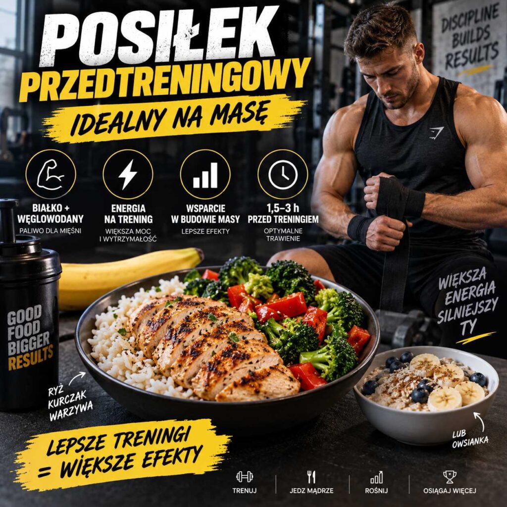 posiłek przedtreningowy idealny na masę, sportowiec przygotowujący się do treningu na siłowni, posiłek z ryżem, kurczakiem i warzywami oraz owsianka, grafika pokazująca wpływ białka, węglowodanów i czasu jedzenia na energię, trening i budowę mięśni