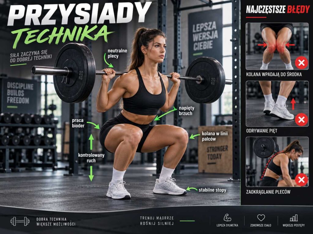 Przysiady – technika prawidłowego wykonania ćwiczenia ze sztangą, z pokazaniem pracy bioder, napięcia brzucha, stabilnych stóp, ustawienia kolan i najczęstszych błędów.