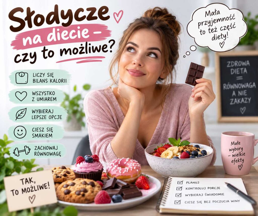 Infografika przedstawiająca słodycze na diecie, pokazująca czekoladę i desery jako element zbilansowanego jadłospisu oraz zasady umiaru, kontroli porcji i bilansu kalorycznego.