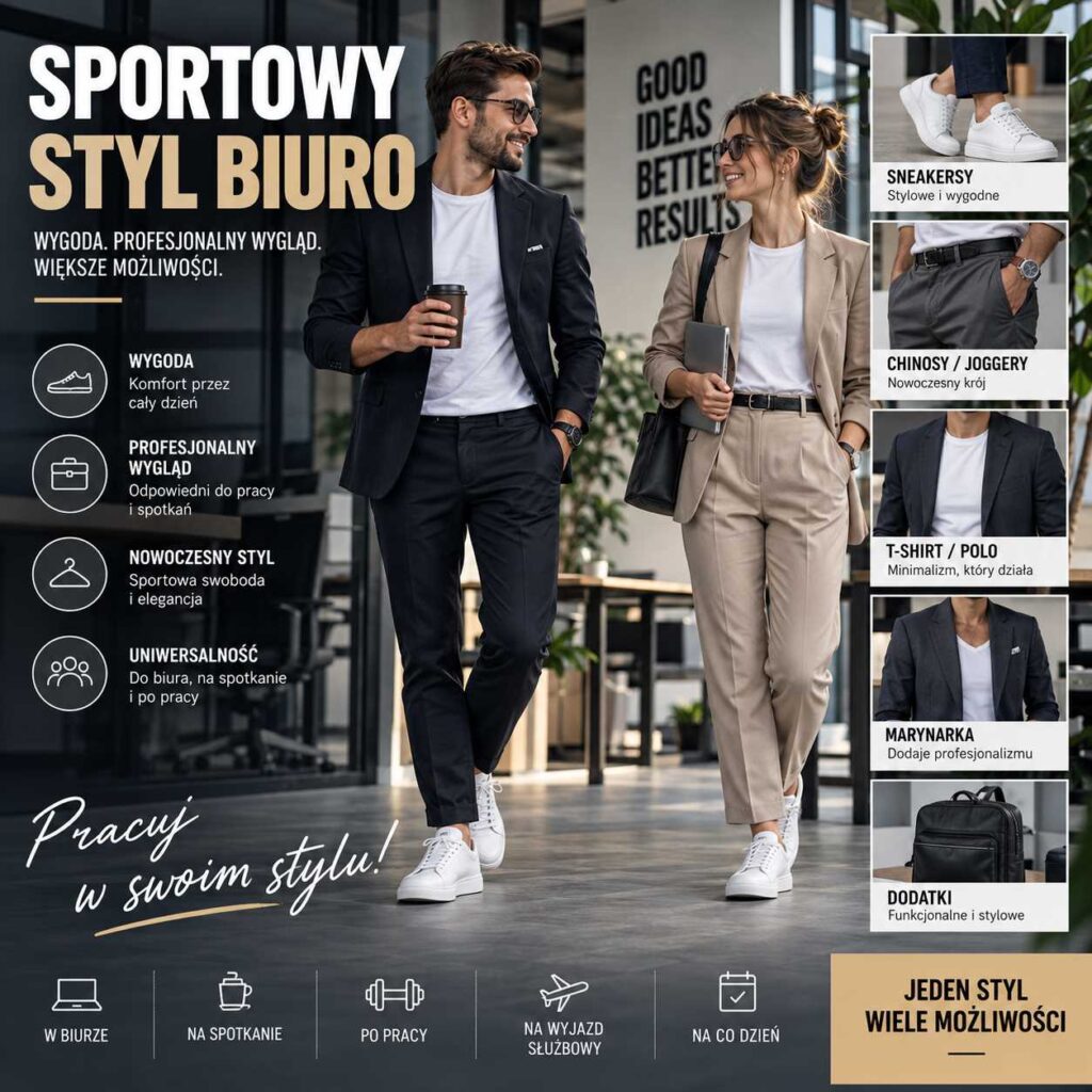 Sportowy styl biuro. Kobieta i mężczyzna w nowoczesnych stylizacjach smart casual z marynarkami, chinosami, T-shirtami i sneakersami do pracy oraz na spotkania.