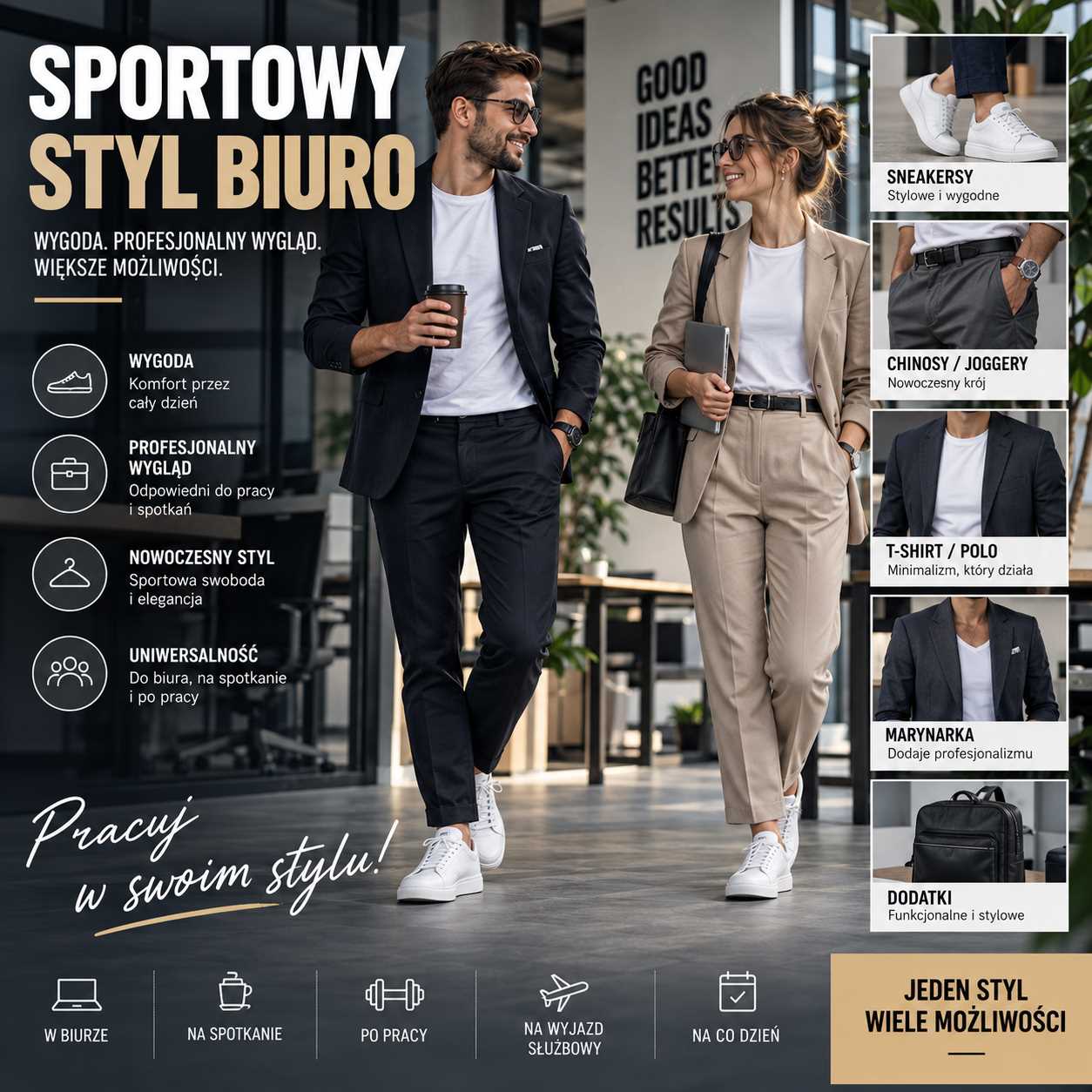 Sportowy styl biuro. Kobieta i mężczyzna w nowoczesnych stylizacjach smart casual z marynarkami, chinosami, T-shirtami i sneakersami do pracy oraz na spotkania.