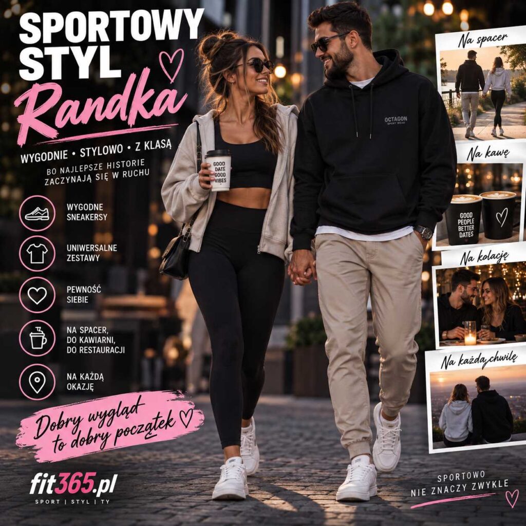 Sportowy styl randka – kobieta i mężczyzna w wygodnych, nowoczesnych stylizacjach sportowych podczas spaceru, kawy i romantycznego spotkania.