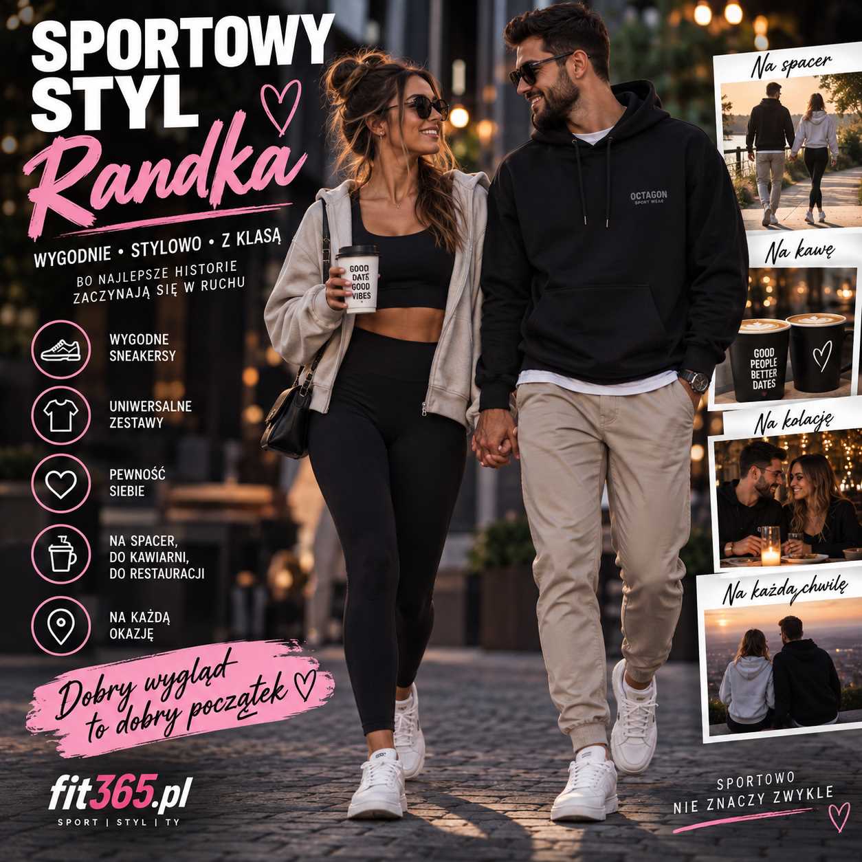 Sportowy styl randka – kobieta i mężczyzna w wygodnych, nowoczesnych stylizacjach sportowych podczas spaceru, kawy i romantycznego spotkania.