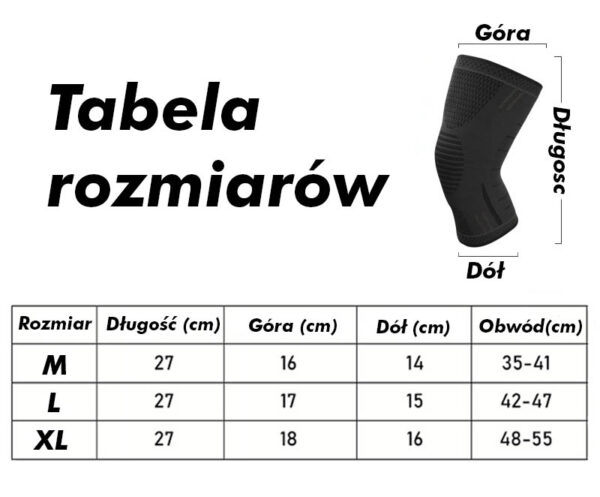 Tabela rozmiarów ściągaczy na kolana DBX BUSHIDO: M 35–41 cm, L 42–47 cm, XL 48–55 cm