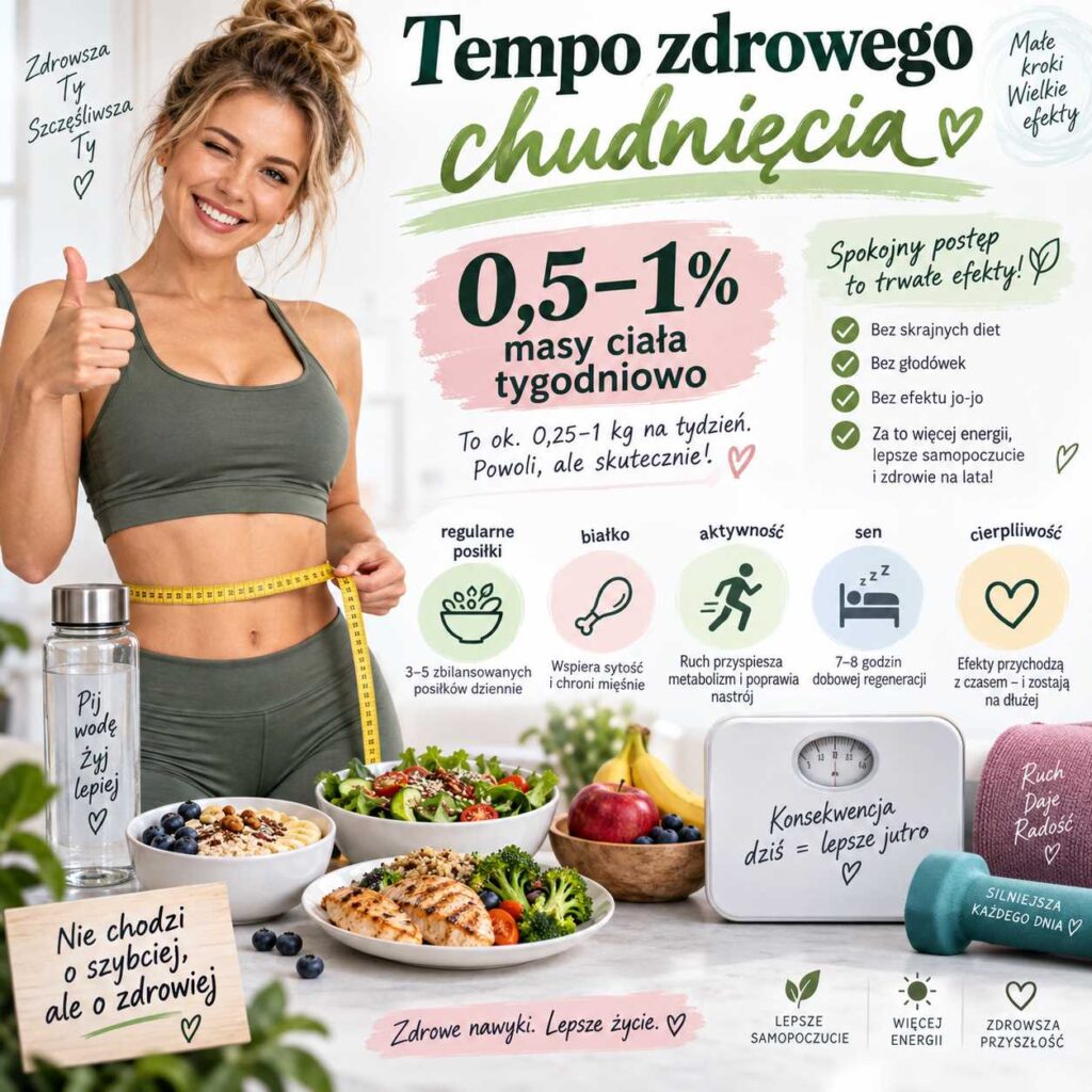 Tempo zdrowego chudnięcia – infografika z kobietą mierzącą talię, zdrowymi posiłkami, wodą, wagą i zasadami spokojnej redukcji masy ciała bez głodówek oraz efektu jojo.