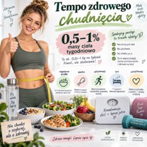 Tempo zdrowego chudnięcia – infografika z kobietą mierzącą talię, zdrowymi posiłkami, wodą, wagą i zasadami spokojnej redukcji masy ciała bez głodówek oraz efektu jojo.