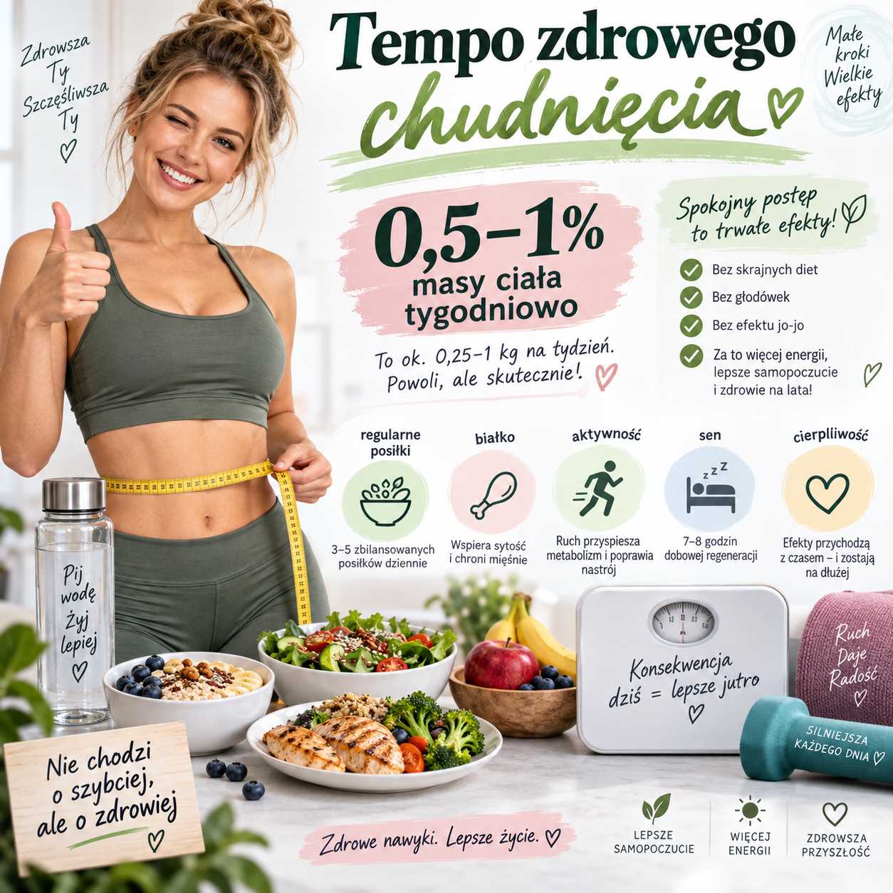 Tempo zdrowego chudnięcia – infografika z kobietą mierzącą talię, zdrowymi posiłkami, wodą, wagą i zasadami spokojnej redukcji masy ciała bez głodówek oraz efektu jojo.