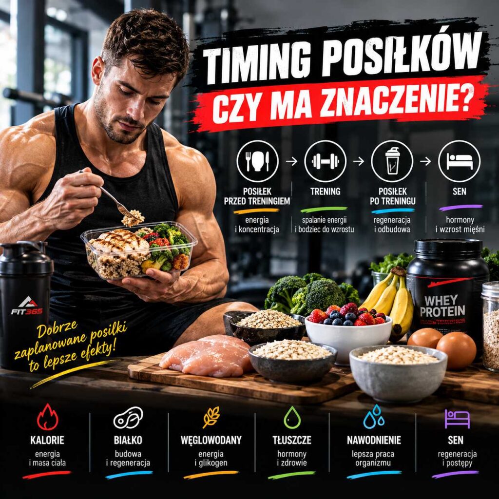 timing posiłków czy ma znaczenie, sportowiec jedzący posiłek okołotreningowy na siłowni, grafika pokazująca posiłek przed treningiem, trening, posiłek po treningu, sen, białko, węglowodany, tłuszcze, nawodnienie i regenerację