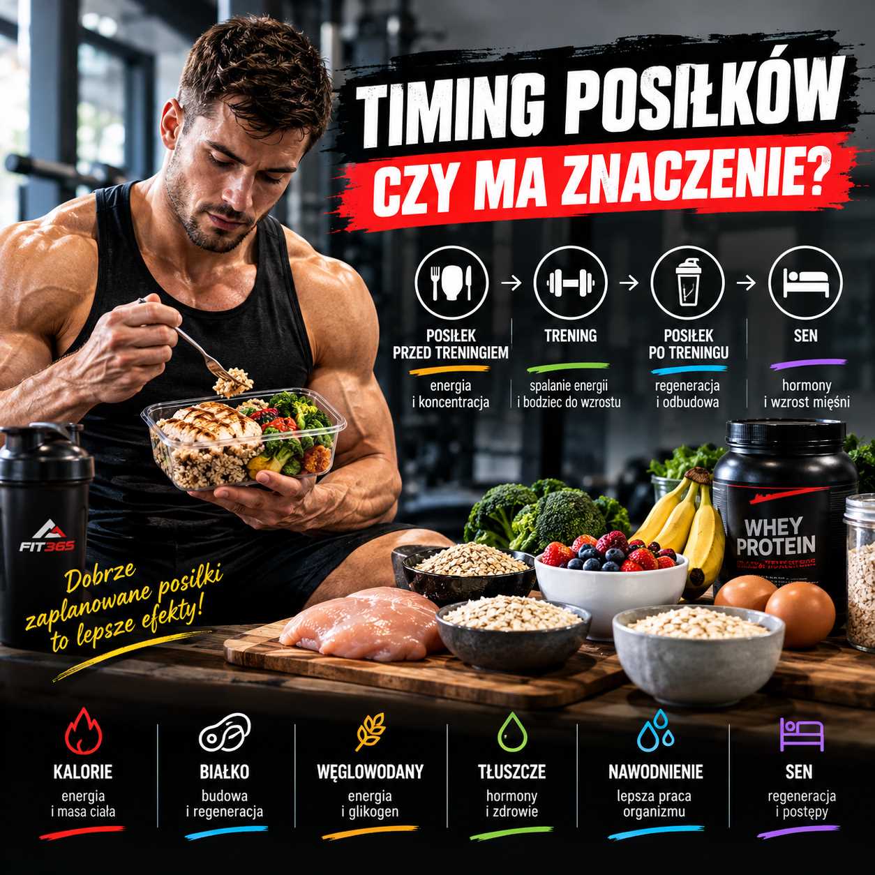 timing posiłków czy ma znaczenie, sportowiec jedzący posiłek okołotreningowy na siłowni, grafika pokazująca posiłek przed treningiem, trening, posiłek po treningu, sen, białko, węglowodany, tłuszcze, nawodnienie i regenerację