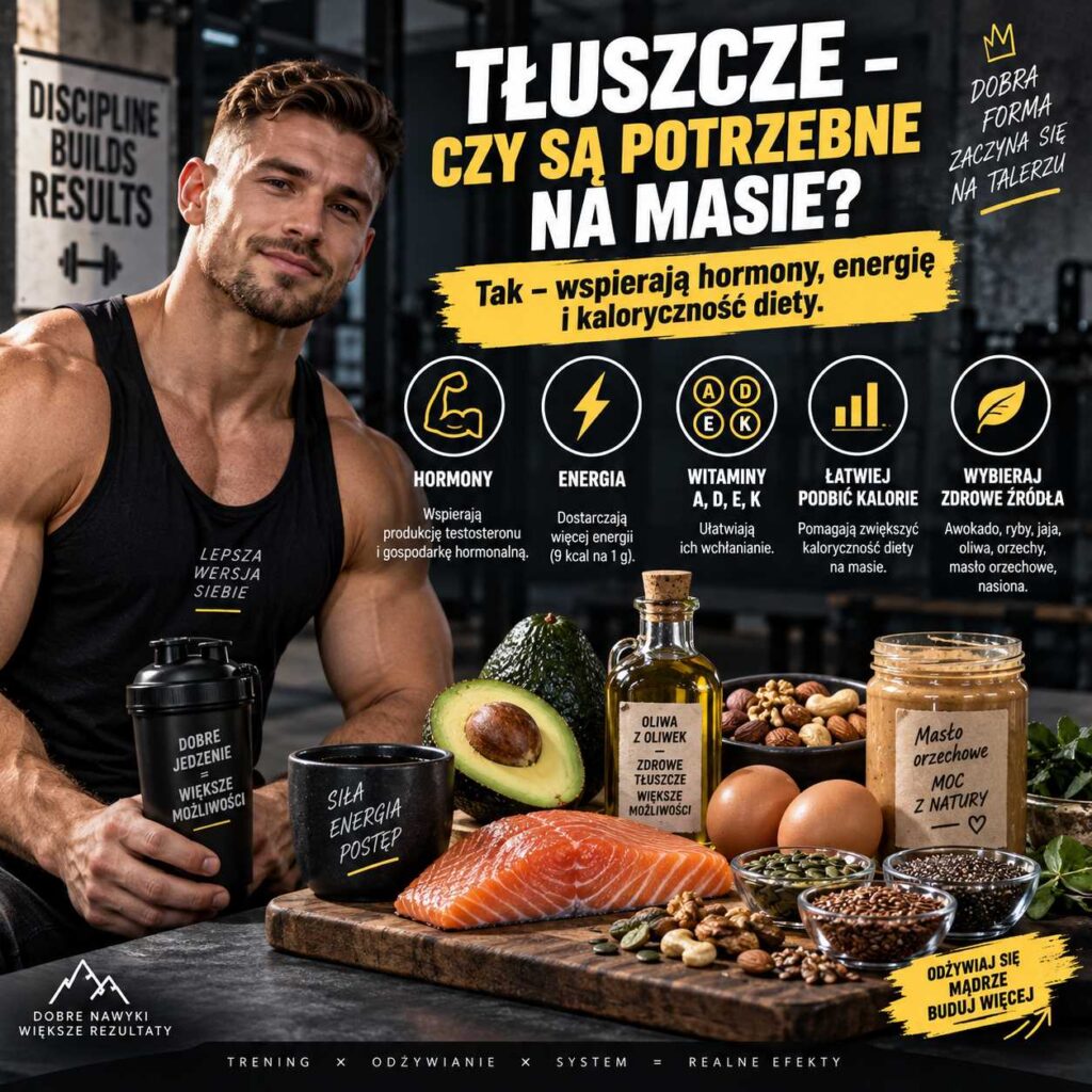 tłuszcze czy są potrzebne na masie, sportowiec na siłowni z produktami bogatymi w zdrowe tłuszcze, awokado, oliwa, łosoś, jaja, orzechy i masło orzechowe, grafika pokazująca wpływ tłuszczów na hormony, energię, witaminy i budowę mięśni