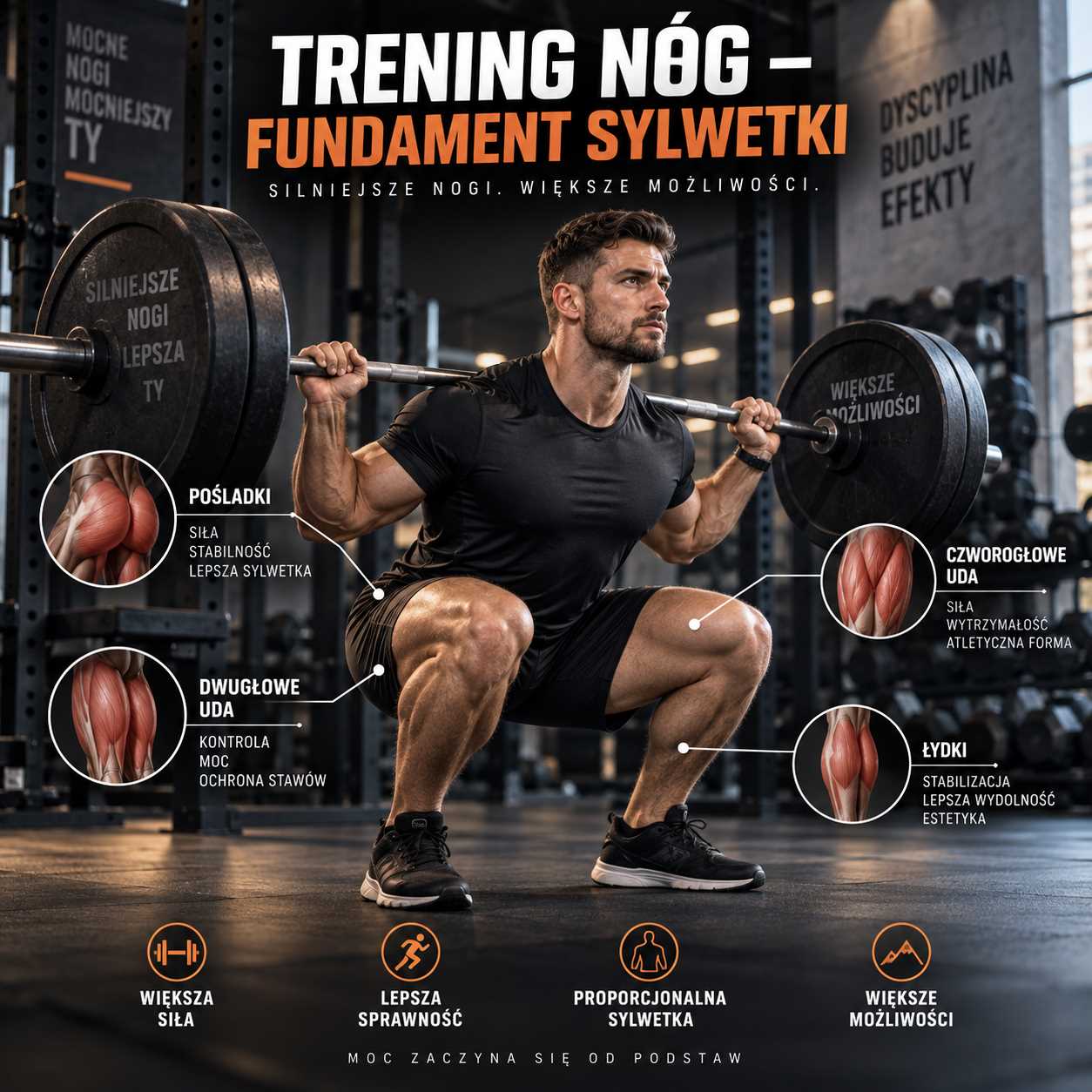 Trening nóg fundament sylwetki – mężczyzna wykonuje przysiad ze sztangą, a grafika pokazuje pracę pośladków, ud, łydek, siłę, stabilność i proporcje ciała.